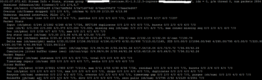 DeepLI end-of-call run-time stats summary example, showing dynamic session creation of 3 EVS streams and one AMR-WB stream, child stream creation (RFC8108), and stream group output