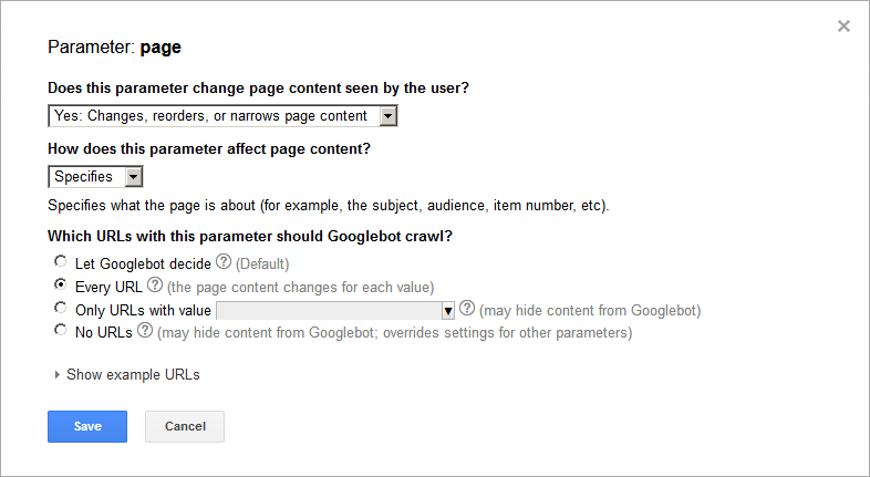 GSC URL Parameters screen capture, showing correct settings for page generation scripts GSC URL Parameters screen capture, showing correct settings for page generation scripts