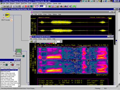 Frequency domain (2-D Spectrograph) and time domain (waveform display/edit) graphs of pre-MELP speech data (trace 1) and MELP-processed speech data (trace 2). 