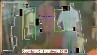 Suspect detection algorithm tracking two subjects simultaneously, one with a backpack
 and one carrying a bag. Analysis mode is enabled